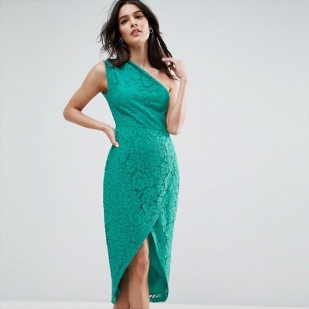 ASOS One Shoulder Floral Lace MIDI Bodycon Hi Low Hem Wedding Formal Dress Sz 8